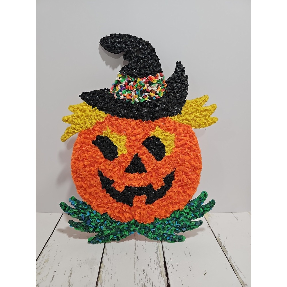 Jack-o-lantern Melted Plastic Popcorn Vtg Halloween Decoration 17"x 13"